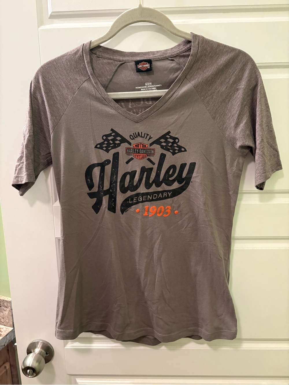 Harley-Davidson Taupe Shirt with Black Tag and Orange Logo
